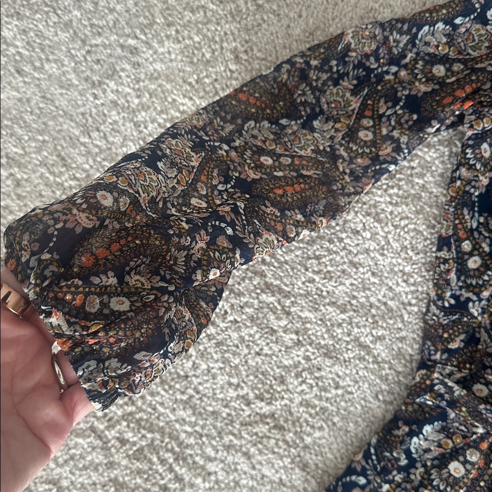 Natural Life Navy Brown Gold Paisley Button down waist tie maxi dress size s - Picture 4 of 6